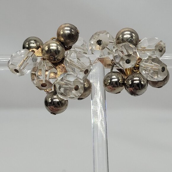 Vintage Cluster Clip-On Earrings With Clear Faceted Beads & Silver-Tone Balls - Picture 5 of 11